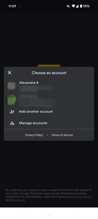 Selecting Google account in Google Classroom app on Android.