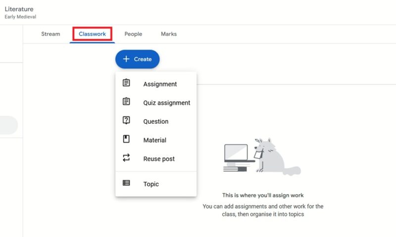 Creating new assignments in Google Classroom on PC.