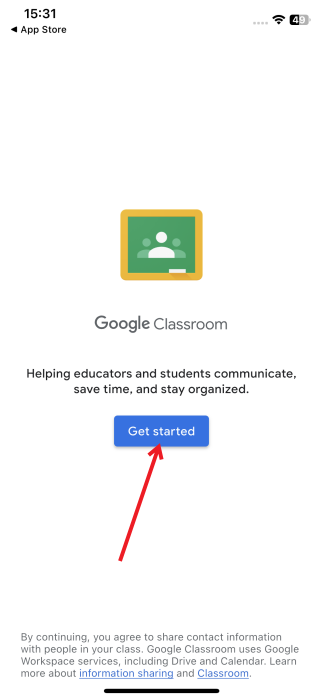 Tapping on "Get started" button in Google Classroom app on iPhone.
