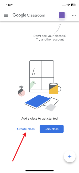 Tapping on "Create class" button in Google Classroom on iPhone.