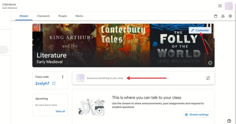 Editing classroom information in Google Classroom on PC.