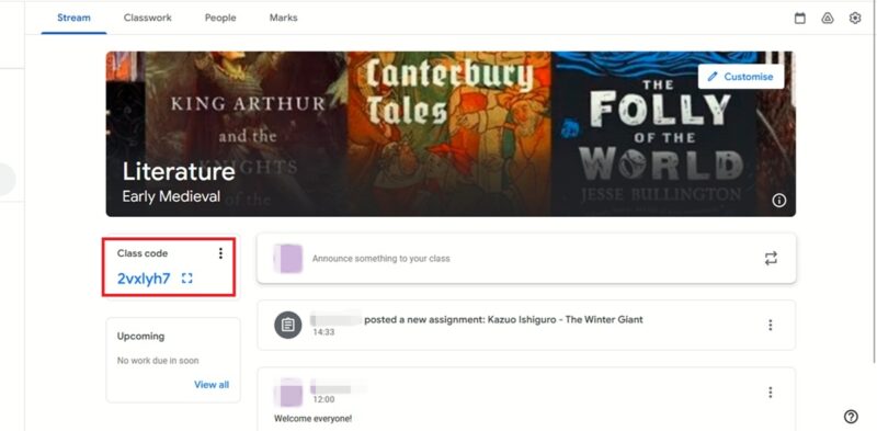 Clicking on "Class code" to invite students to Google Classroom on PC.
