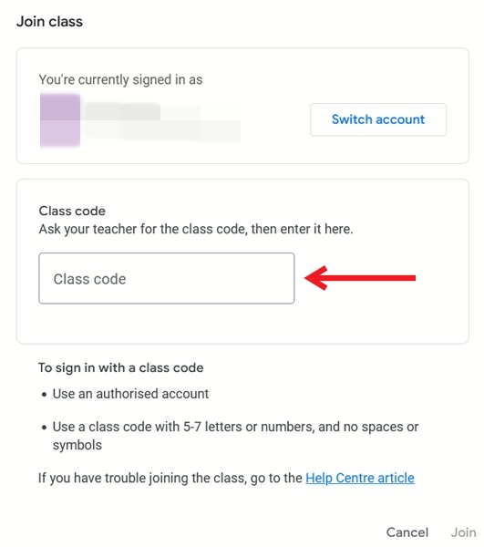 Inputting code to join Google Classroom on PC.