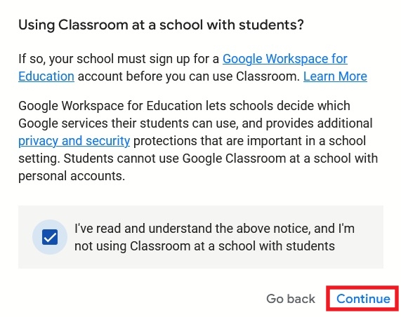 Continuing to create a new classroom with simple Gmail account on PC.