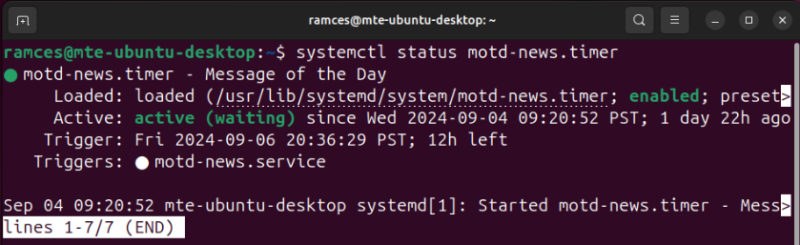 A terminal showing a system service using a Systemd timer.