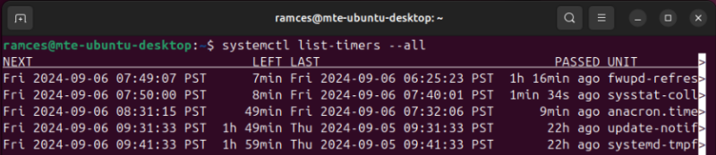 Systemd timer list A terminal listing all the running Systemd timers in the current session.