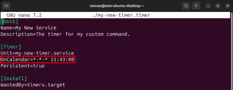 A terminal highlighting the custom timer value for the OnCalendar variable.