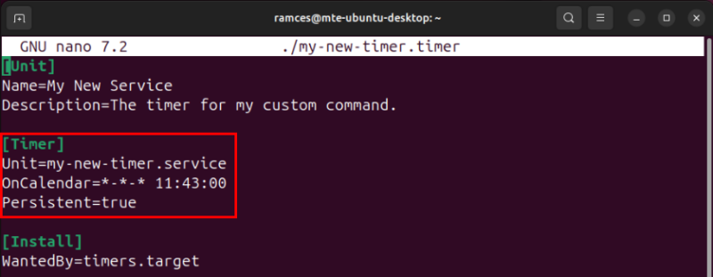 A terminal highlighting the location of the "[Timer]" block inside the custom timer file.