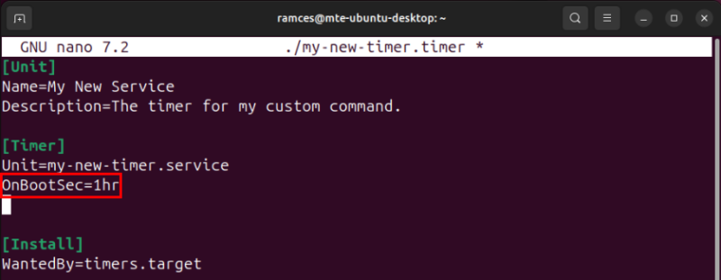 A terminal highlighting the OnBootSec variable replacing the original timing variables of the custom timer file.