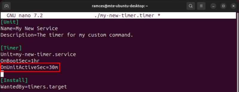 A terminal highlighting the OnUnitActiveSec variable which converts the single-run timer to a monotonic timer.