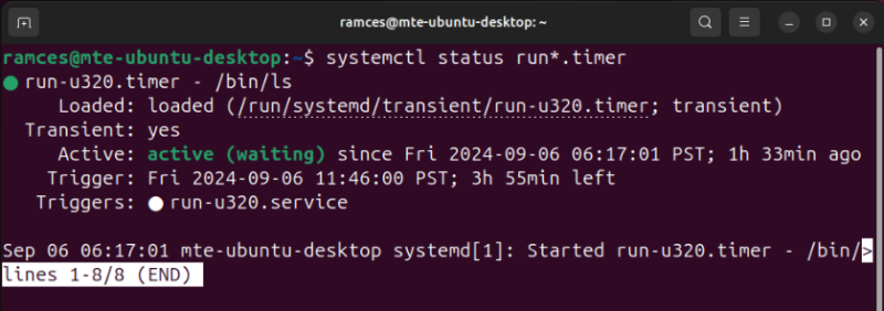 A terminal showing the status of a transient timer loaded in the system.