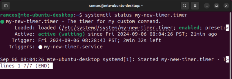 Systemd status A terminal showing the timer file running in the current system.