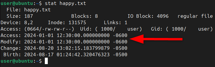 Displaying the atime and mtime value after modifying it using the -t option of touch command.