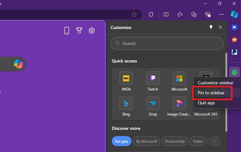 Pinning items to the Sidebar in Edge.