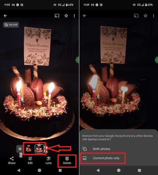 Select the photo you want to delete, tap on the Delete icon, and select Current photo only.