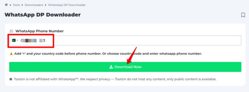 Download photo button with text box to enter phone number
