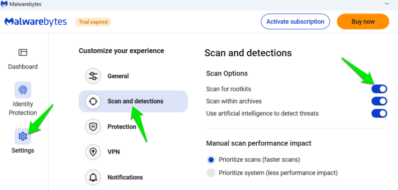 Enable rootkit scan option in Malwarebytes