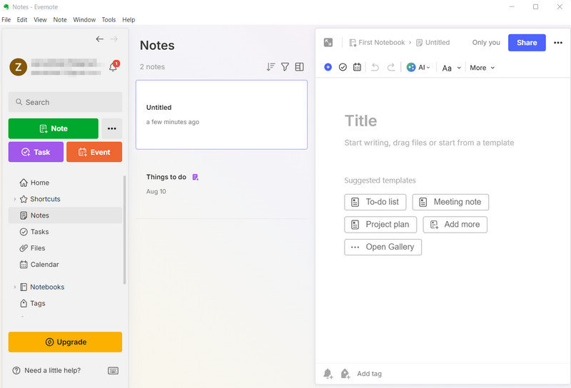 Creating a note in Evernote