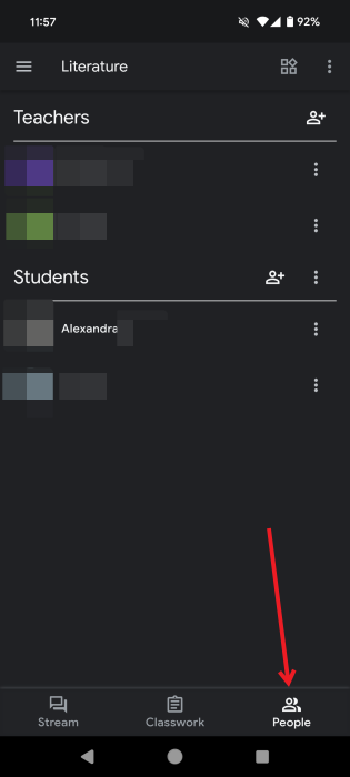 Switching to People tab in Google Classroom app for Android.