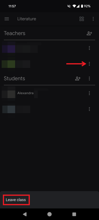 Unenrolling teacher from Google Classroom app on Android.