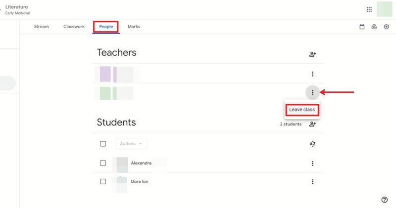 Clicking on "Leave class" option in People tab in Google Classroom on PC.