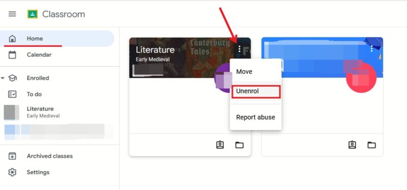 Clicking three dots on class