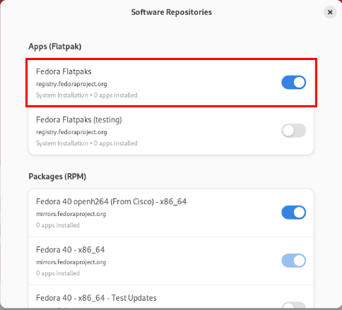 A screenshot highlighting the Fedora Flatpaks repository toggle switch in Fedora 40.