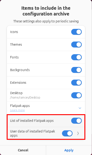 A screenshot showing the additional options in SaveDesktop for backing up Flatpak apps and config.