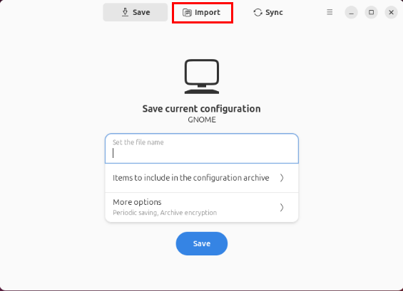 A screenshot showing the location of the "Import" button on SaveDesktop.