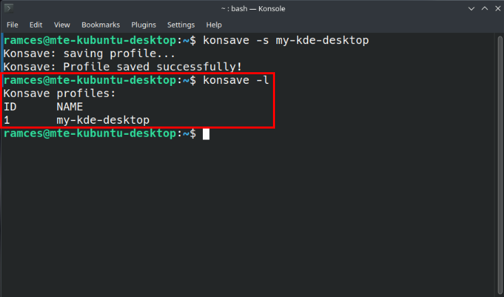 A terminal showing the newly backed up KDE desktop showing up in Konsave.