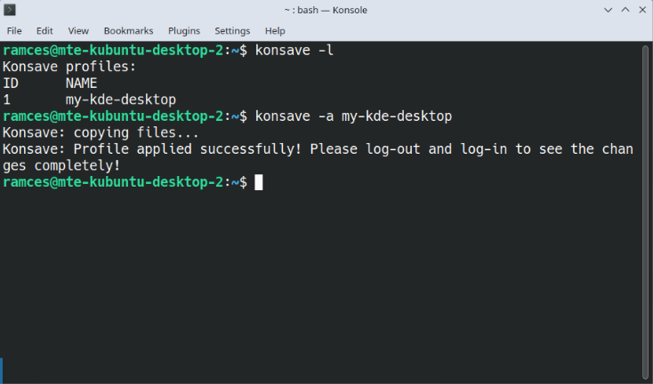 A terminal showing the process of importing and enabling the backed up Konsave file on a new system.