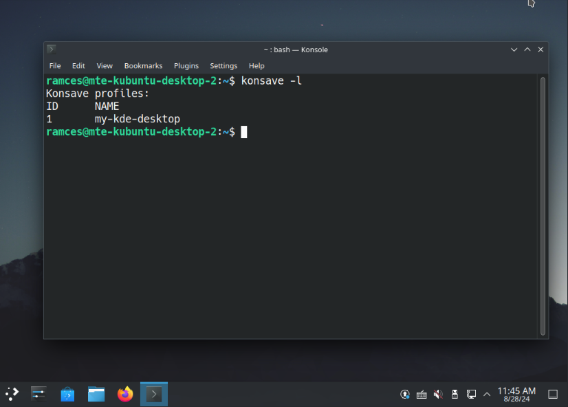 A screenshot showing the new machine running the backed up desktop settings using Konsave.