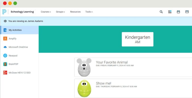 Schoology Learning dashboard visible for Kindergarten. 