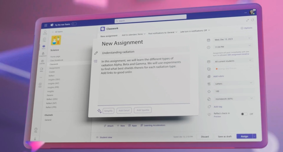 Creating a new assignment in Microsoft Teams for Education. 