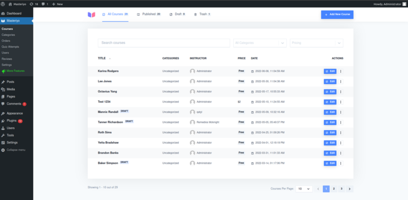 Wordpress dashboard with Masteriyo plugin installed.