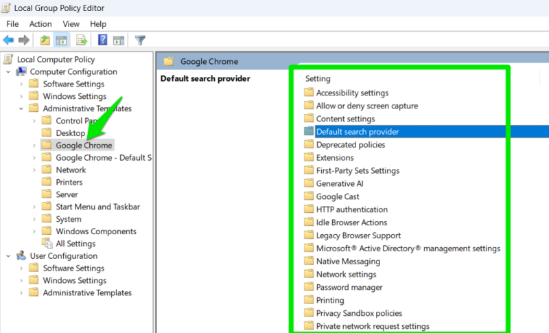 List of Chrome Policies in Group Policy Editor