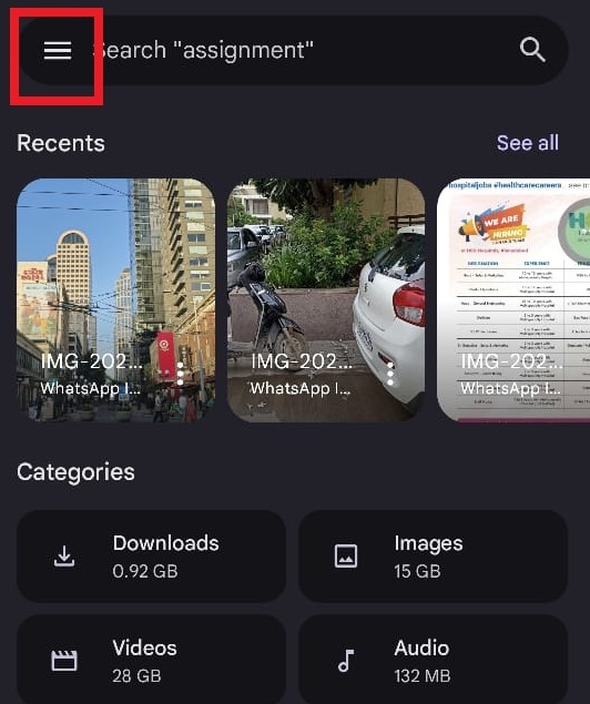 A step to Tap on the Hamburger Button In Files By Google.