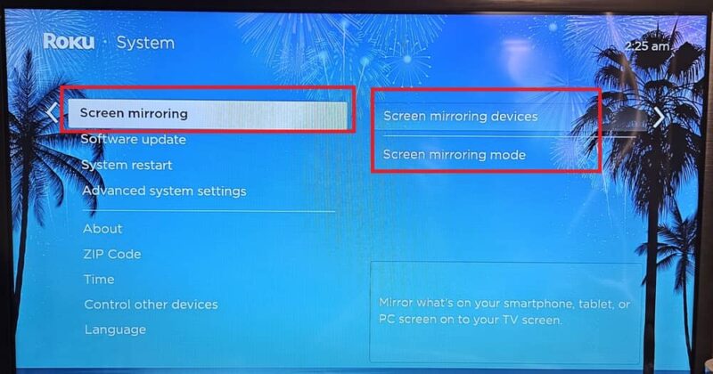 Setting up screen mirroring on Roku.