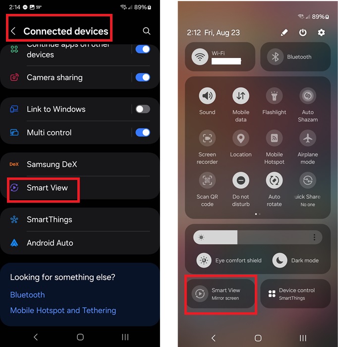 Using the Smart View option from Settings and from the Notification tray.