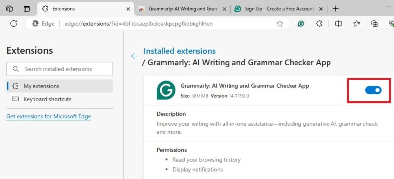 Disable an extension in Edge.
