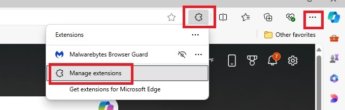Finding the Extensions menu in Edge.
