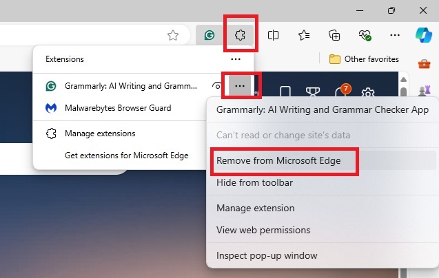 Uninstalling Chrome extensions in Microsoft Edge.