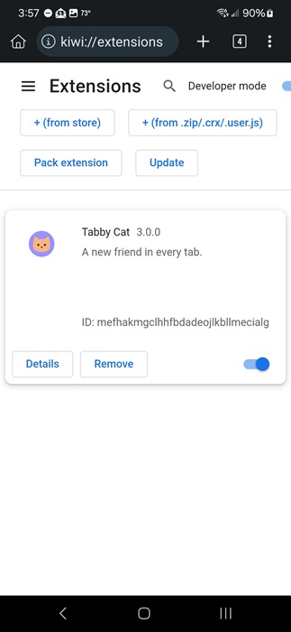 Confirming a new extension installed in Kiwi.