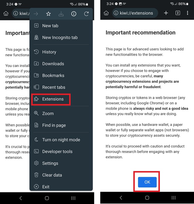 Entering the extensions menu in Kiwi.