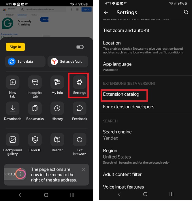 Viewing extensions on Yandex.