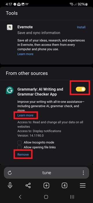 Uninstalling Chrome extensions in Yandex.