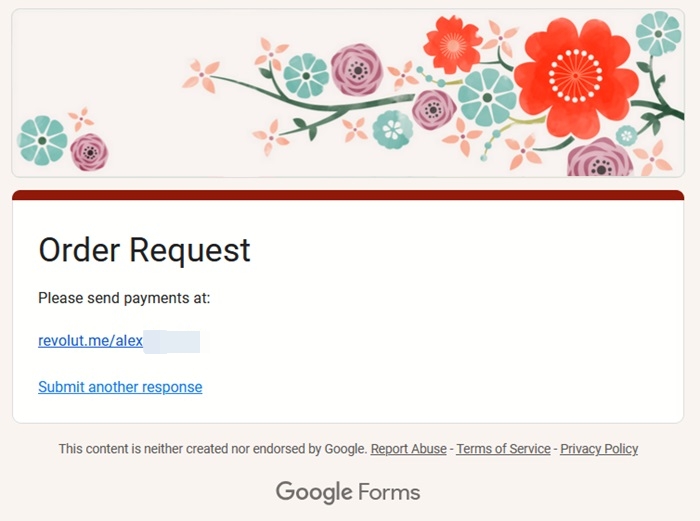 Payment options visible upon sending Google form. 
