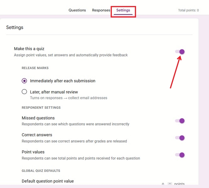 Turning on "Make this a quiz" option in Google Forms. 
