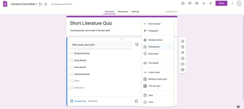 Multiple answer formats available for quizzes in Google Forms. 