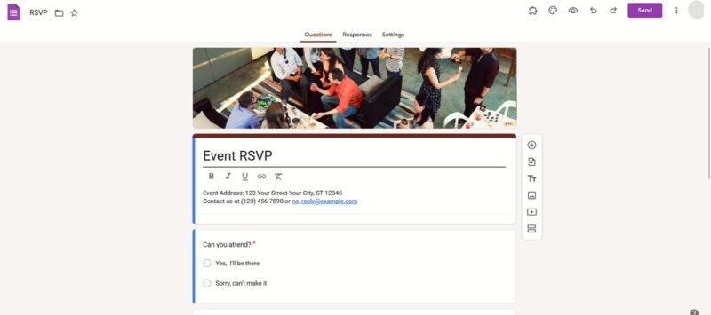 Event RSVP template view in Google Forms.